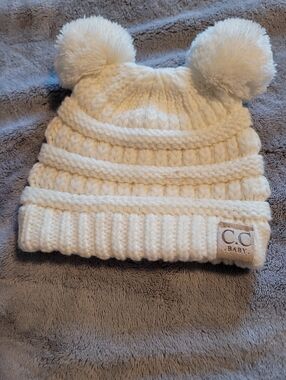 C.C Baby Cream Double Pom Pom Knit Beanie for Infant Toddler